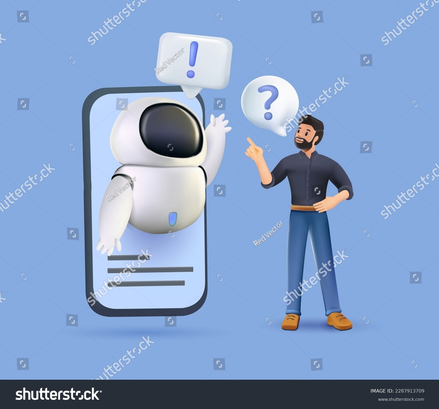 3D robot chatbot in smartphone voice application abstract concept 3D render vector illustration. Chatbot voice controlled virtual assistant, machine self learning and customer service, AI in ecommerce #2287913709