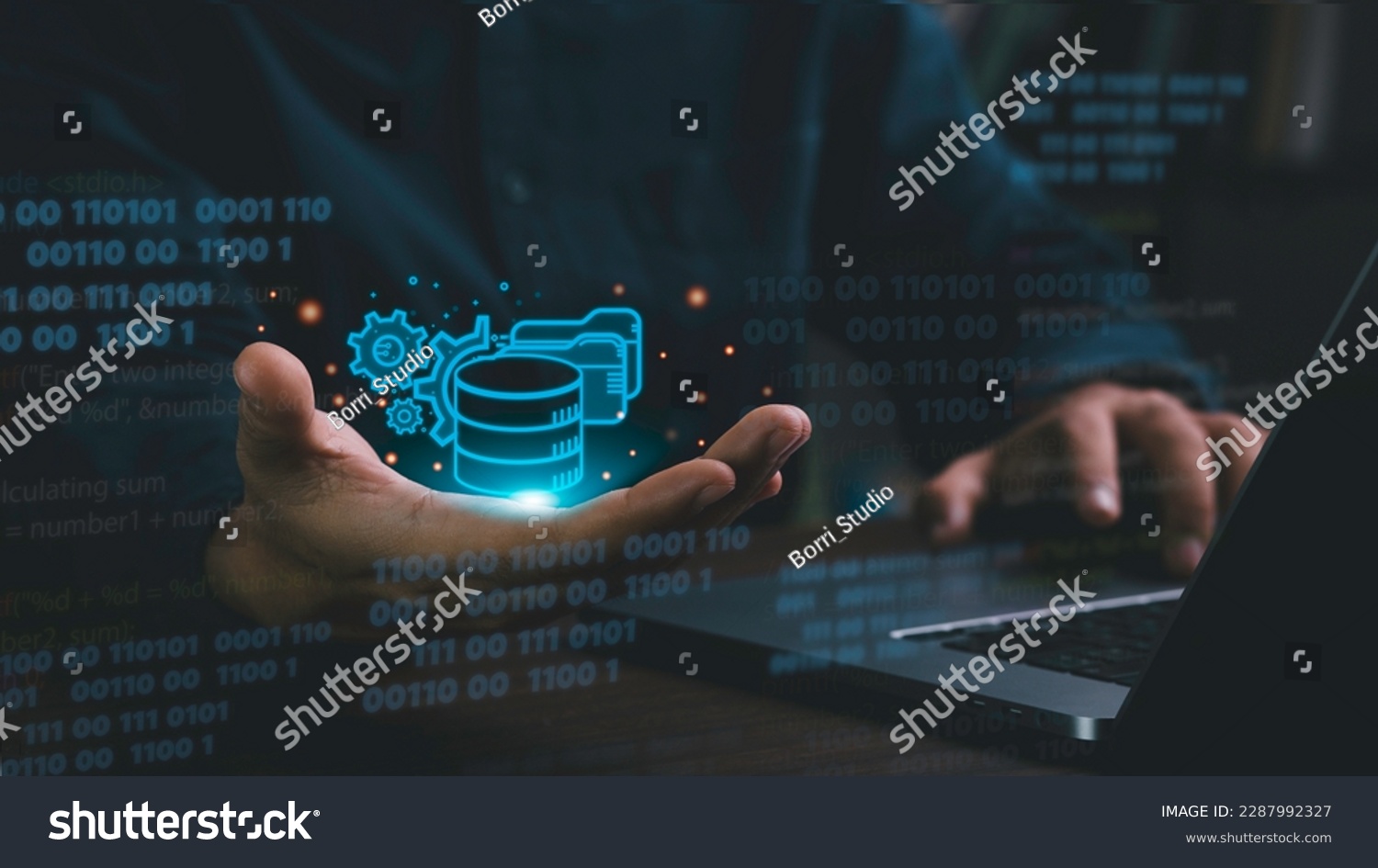 User can check data storage from SQL (Structured Query Language) database on computer screen with database and server room background. #2287992327