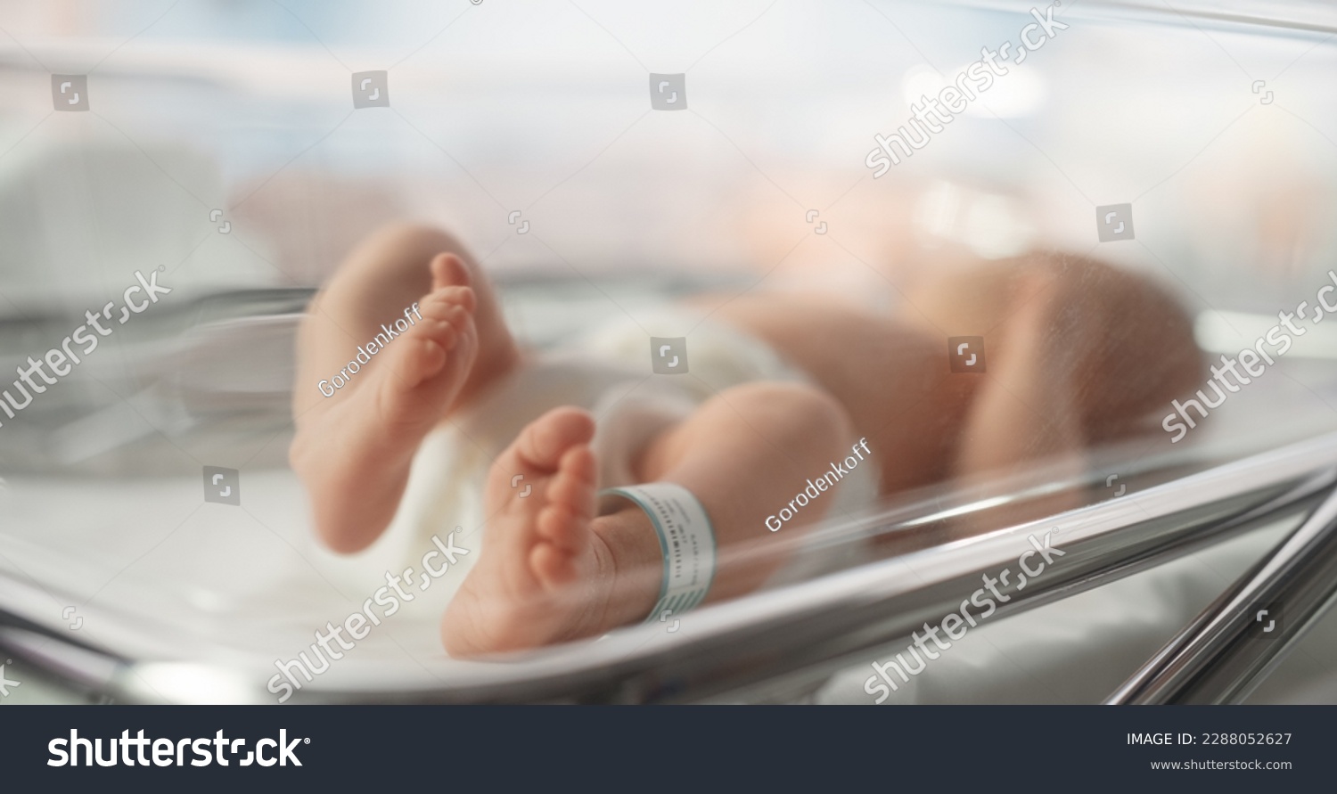 Cute Little Caucasian Newborn Baby Lying in Bassinet in a Maternity Hospital. Portrait of a Tiny Playful and Energetic Child with a Name ID Tag on the Leg. Healthcare, Pregnancy and Motherhood Concept #2288052627