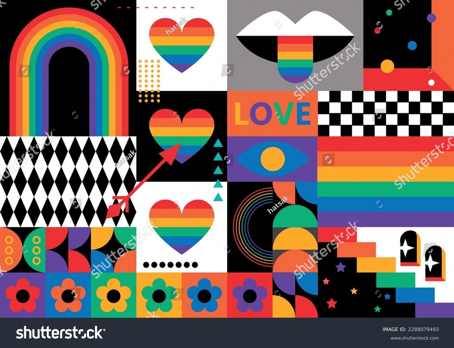 Rainbow background with hearts. LGBT+ Pride design. Rainbow community pride month. Love, freedom, support, peace. Poster with LGBT rainbow flag, heart and love. Colorful social media post template #2288079493