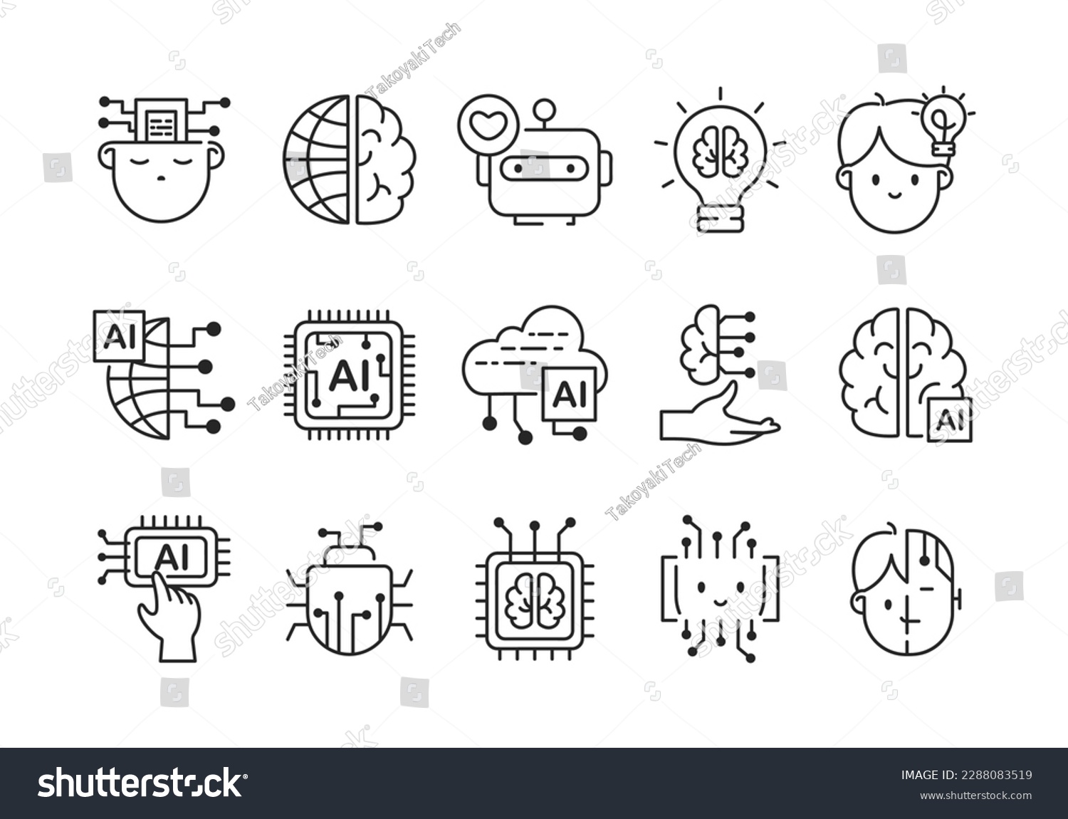 Ai Free and artificial intelligence resistance outline black icon set in minimal style. Vector future technology icons. Machine, robots and neural network collection with editable stroke.	 #2288083519