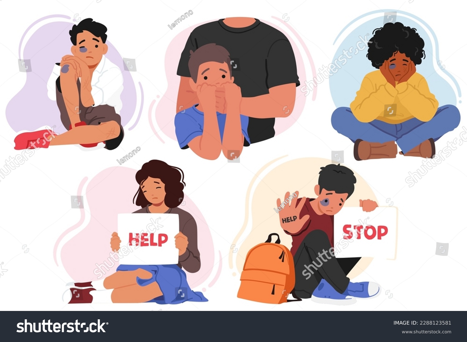 Children Subjected To Domestic Violence Suffer From Emotional, Physical And Psychological Trauma. Concept of Kids Abuse Problem with Boys and Girls Characters. Cartoon People Vector Illustration #2288123581