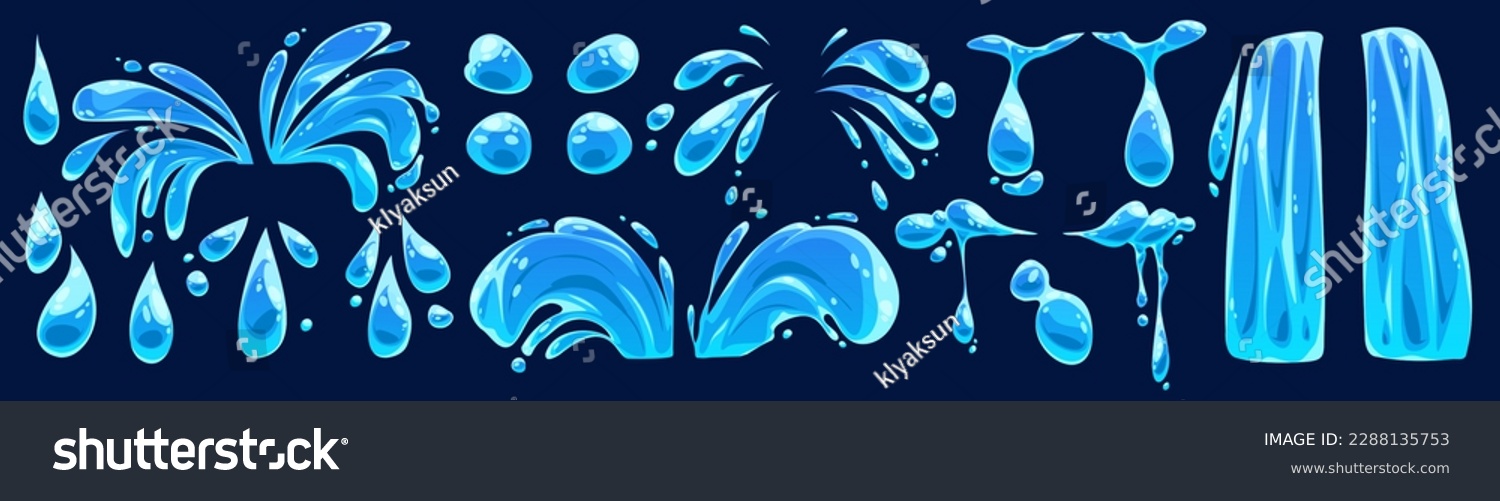 Cartoon water tear vector icon set vector. Liquid drop graphic with splash, puddle, falling waterfall and teardrop symbol isolated on dark background. Simple clean splatter motion fluid design. #2288135753