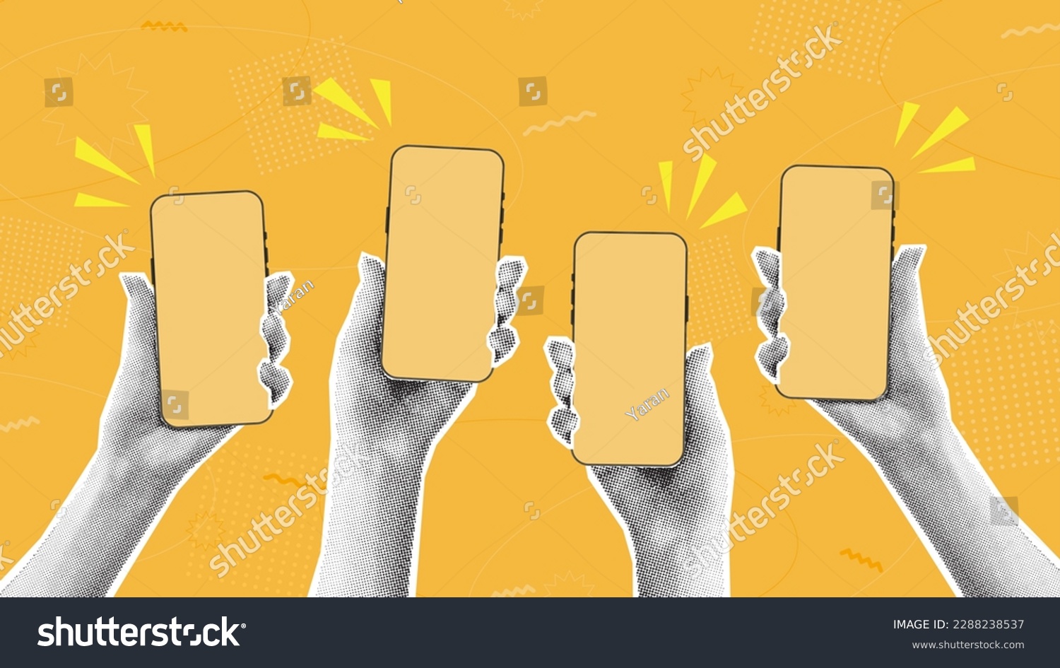 Halftone hands hold smartphones. Vector illustration with hands holding phones with halftone effects for decoration of retro banners and vintage postres. Collection of collage elements. #2288238537