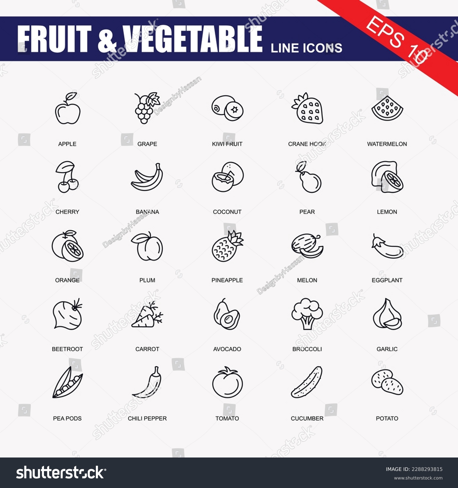 Set of flat fruits and vegetables icons drawing with black lines on grey background #2288293815