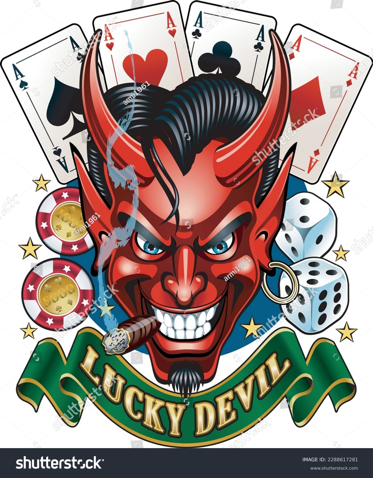 Cartoon style lucky devil with cards, dice and - Royalty Free Stock ...