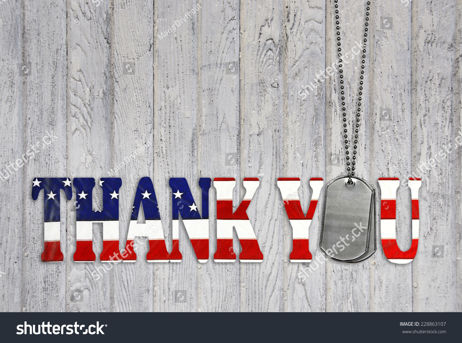 military dog tag thank you with flag font on weathered barn wood background  #228863107