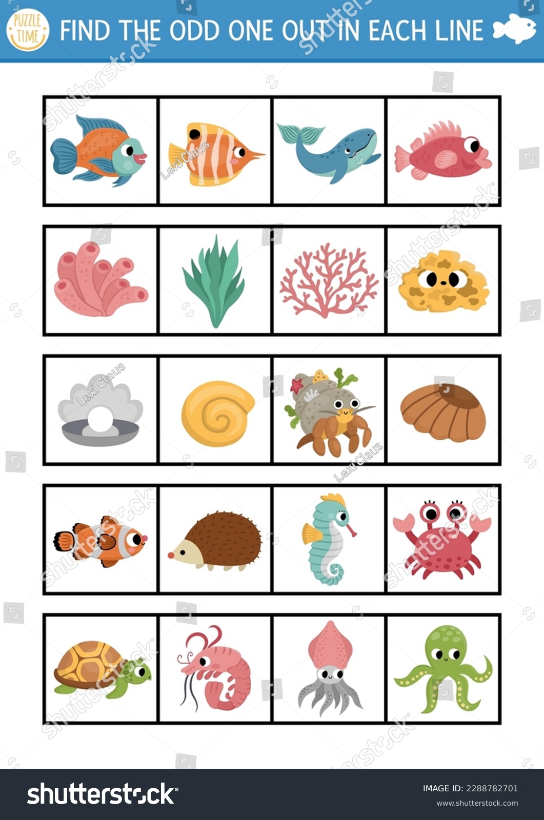 Find the odd one out. Under the sea logical activity for children. Ocean life educational quiz worksheet for kids for attention skills. Simple water animals printable game with cute characters
 #2288782701