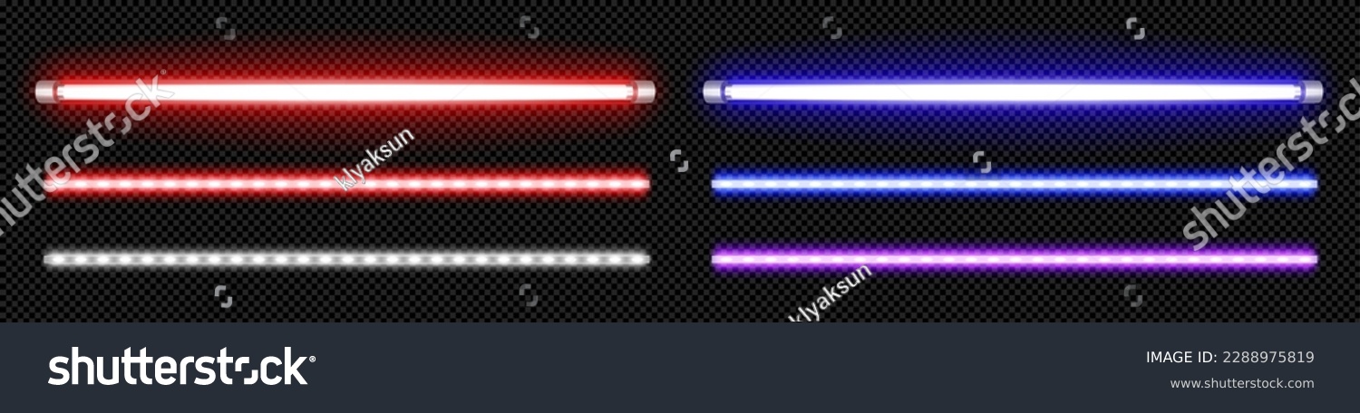 Isolated neon led lamp tube line with blue glow vector on transparent background. Realistic 3d light laser stripe bulb in red and purple color set. Flash lazer shine at night illustration collection. #2288975819