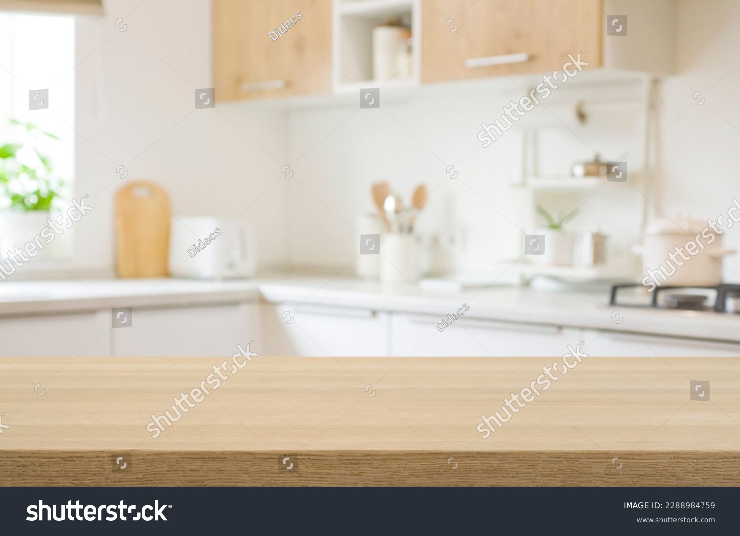 Kitchen table top for product display with blurred modern interior #2288984759