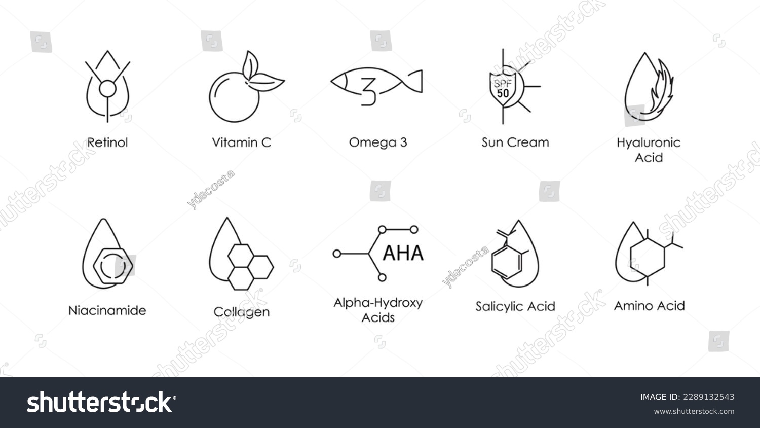retinol, vitamin c, omega 3, sun cream, hyaluronic acid, niacinamide, collagen, alpha hydroxy acid, amino acid, salicylic acid icon set vector illustration  #2289132543