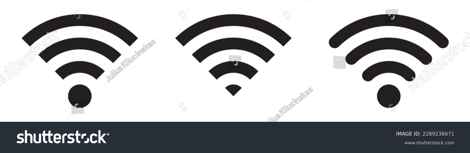 Collection of stock vector images depicting symbols and icons related to wireless Wi-Fi connectivity, including Wi-Fi signal symbols and an internet connection, that enable remote internet access. #2289238671