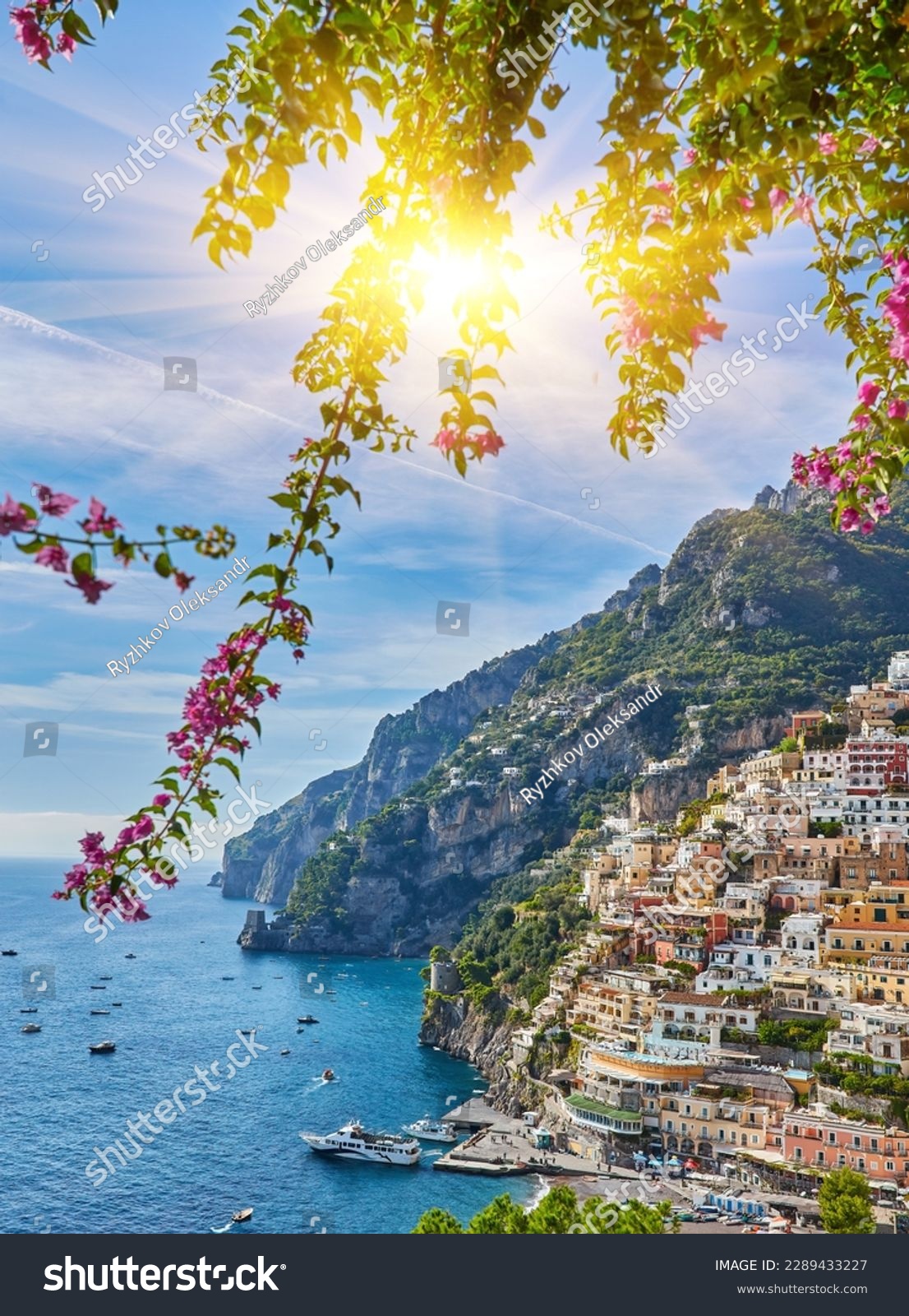 Panoramic view of Positano with comfortable beaches and blue sea on Amalfi Coast in Campania, Italy. Amalfi coast is popular travel and holyday destination in Europe. #2289433227