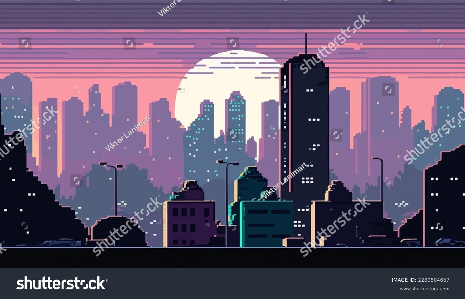 Illustration in retro style of city pixel background, pixel art background, 2d vector illustration, EPS 10. #2289504657