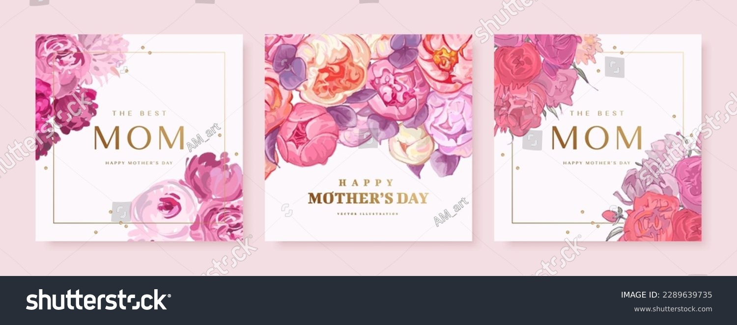 Set of Mother's day poster, banner or greeting card with hand drawn flowers on light background #2289639735