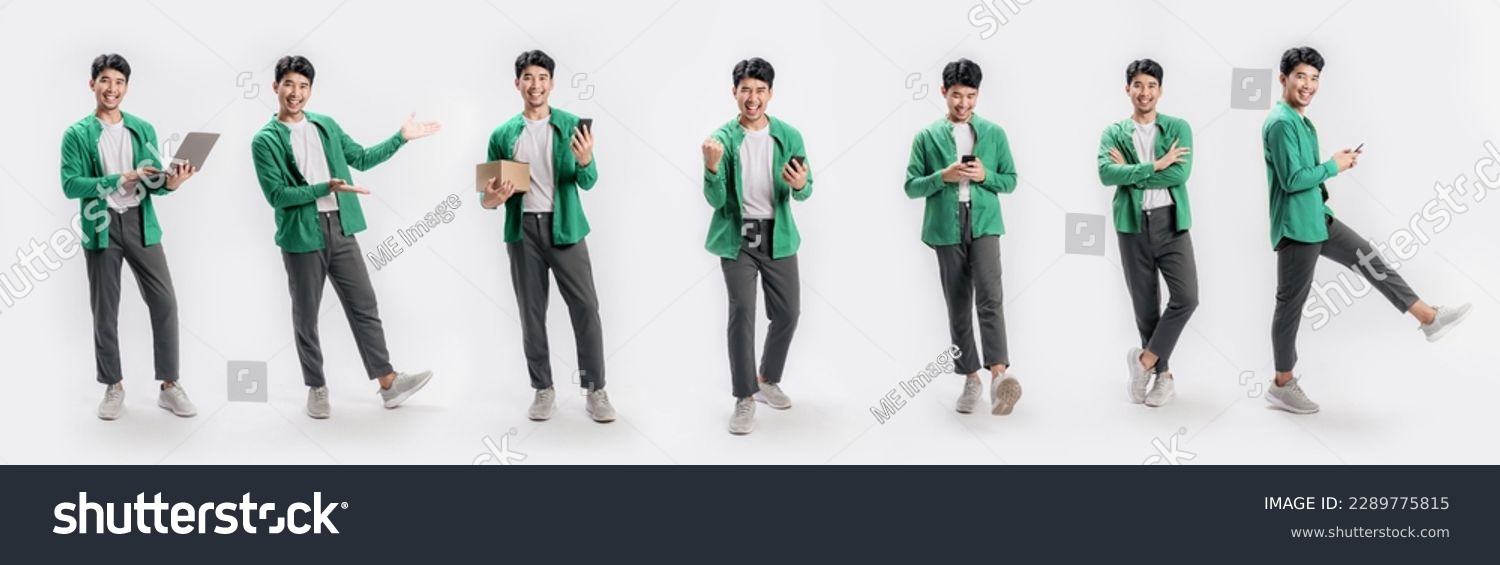 Collection full length handsome asian man lifestyle in green casual outfit on isolated white background. Young Asian man happy smile in studio. Business online concept. #2289775815