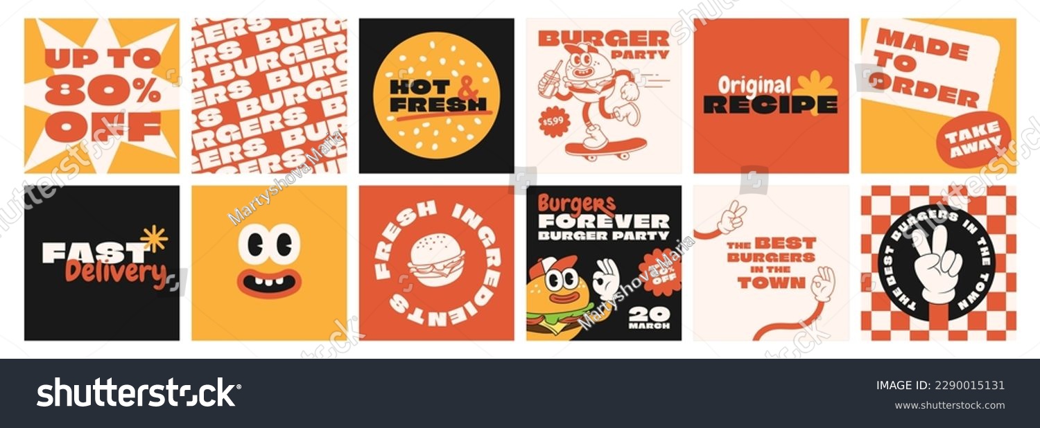 Burger retro cartoon fast food posters and cards. Comic character slogan quote and other elements for burger bar restaurant. Social media templates stories posts. Groovy funky vector illustration. #2290015131