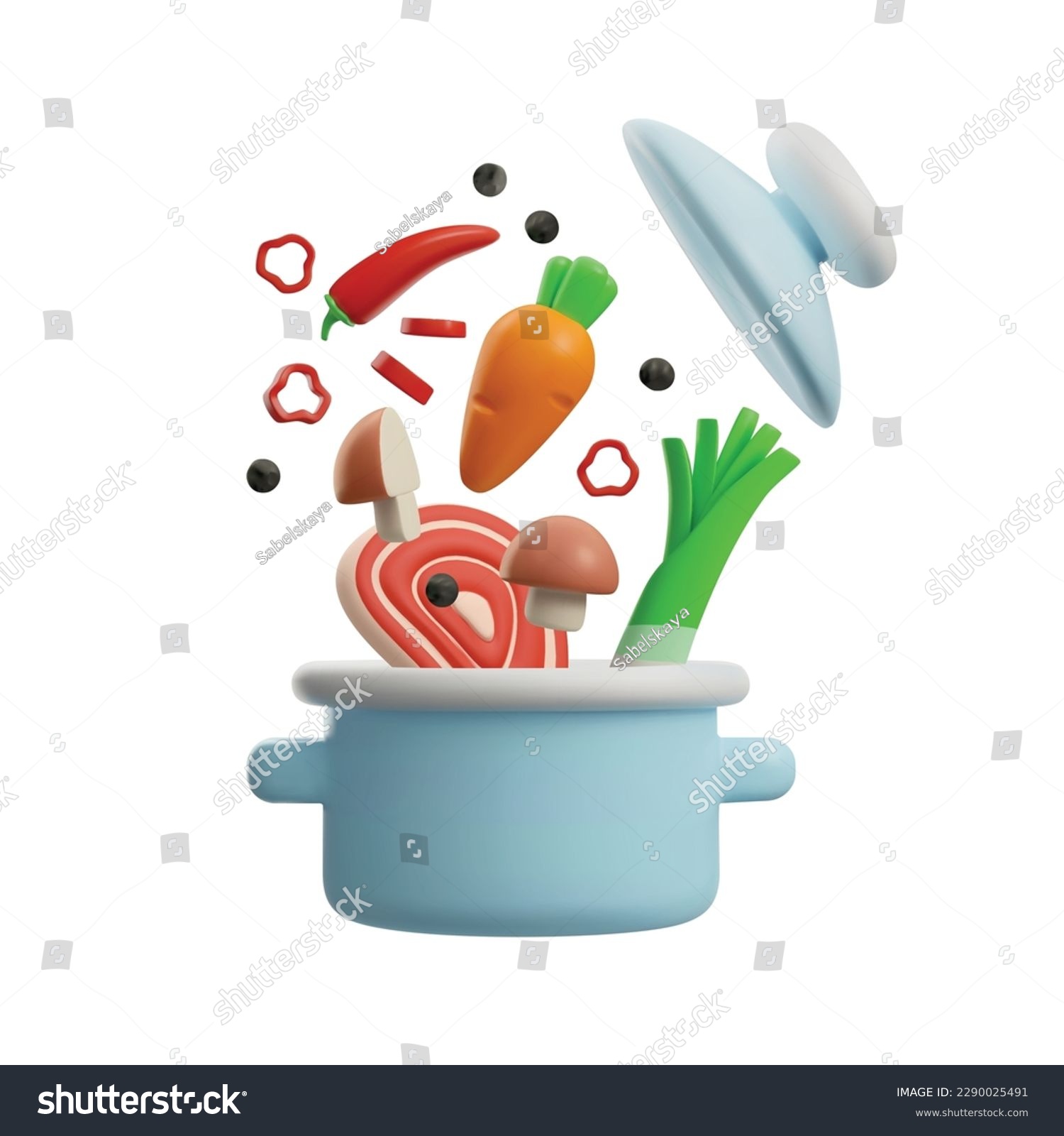 Cooking kitchen pot or saucepan, kitchenware with meat and vegetables flying under lid, 3D realistic vector illustration isolated on white background. #2290025491