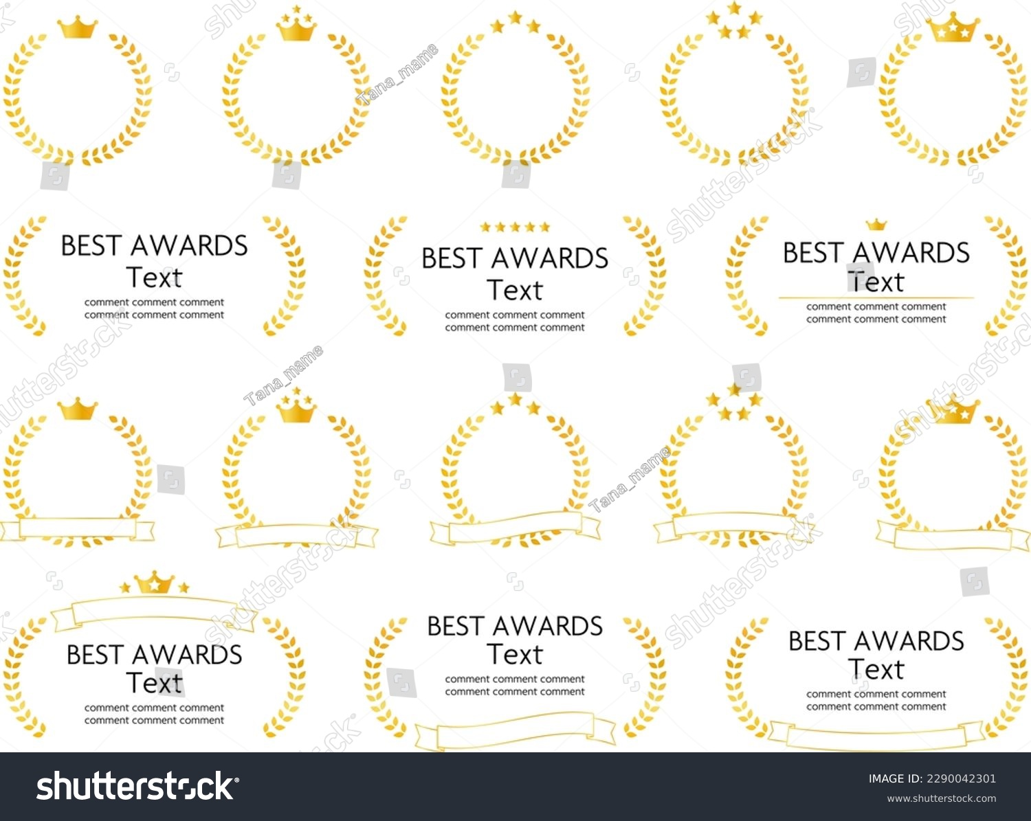 Crown and laurel wreaths, star ranking and award icon parts, ribbon set #2290042301