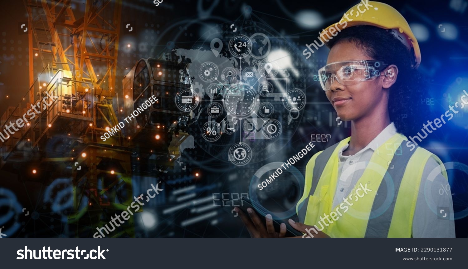 Double exposure of African American businesswoman working on digital technology interfaces icon and construction, Smart industry and digital technology and IOT software concept.  #2290131877