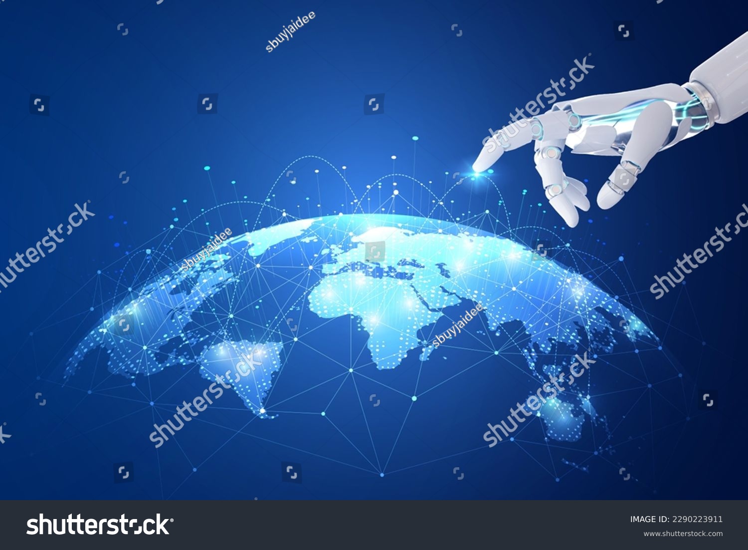 Robot hand with network connection on earth. Artificial intelligence and digital technology connection, internet, big data analytics and business concepts, e-commerce, social networking. AI. #2290223911