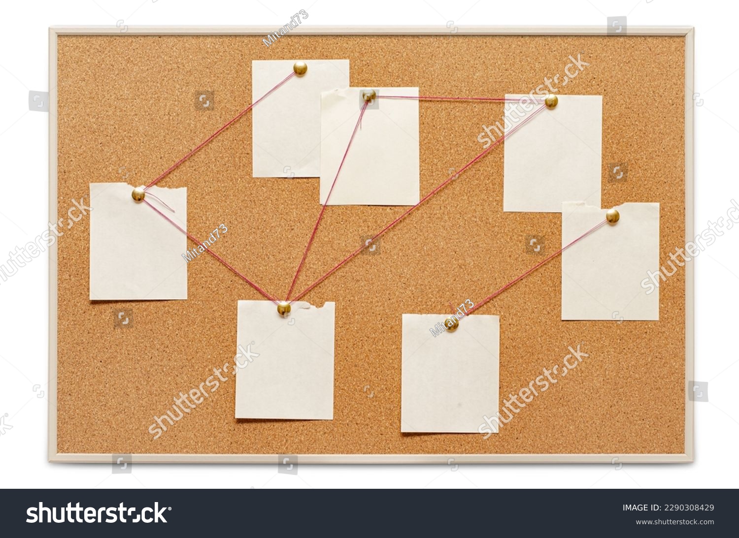 Blank paper notes are pinned to a cork board. The concept of detective investigation. Copy space. #2290308429