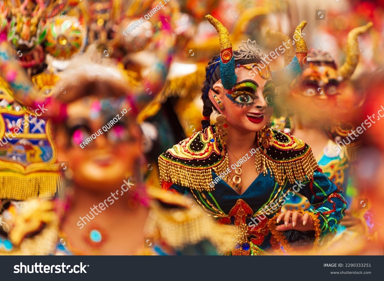ORURO, BOLIVIA: Dancers at Oruro Carnival in Bolivia. Religious, folkloric and cultural festival declared as a "Masterpiece of the Oral and Intangible Heritage of Humanity" (Unesco) in 2001. #2290333251