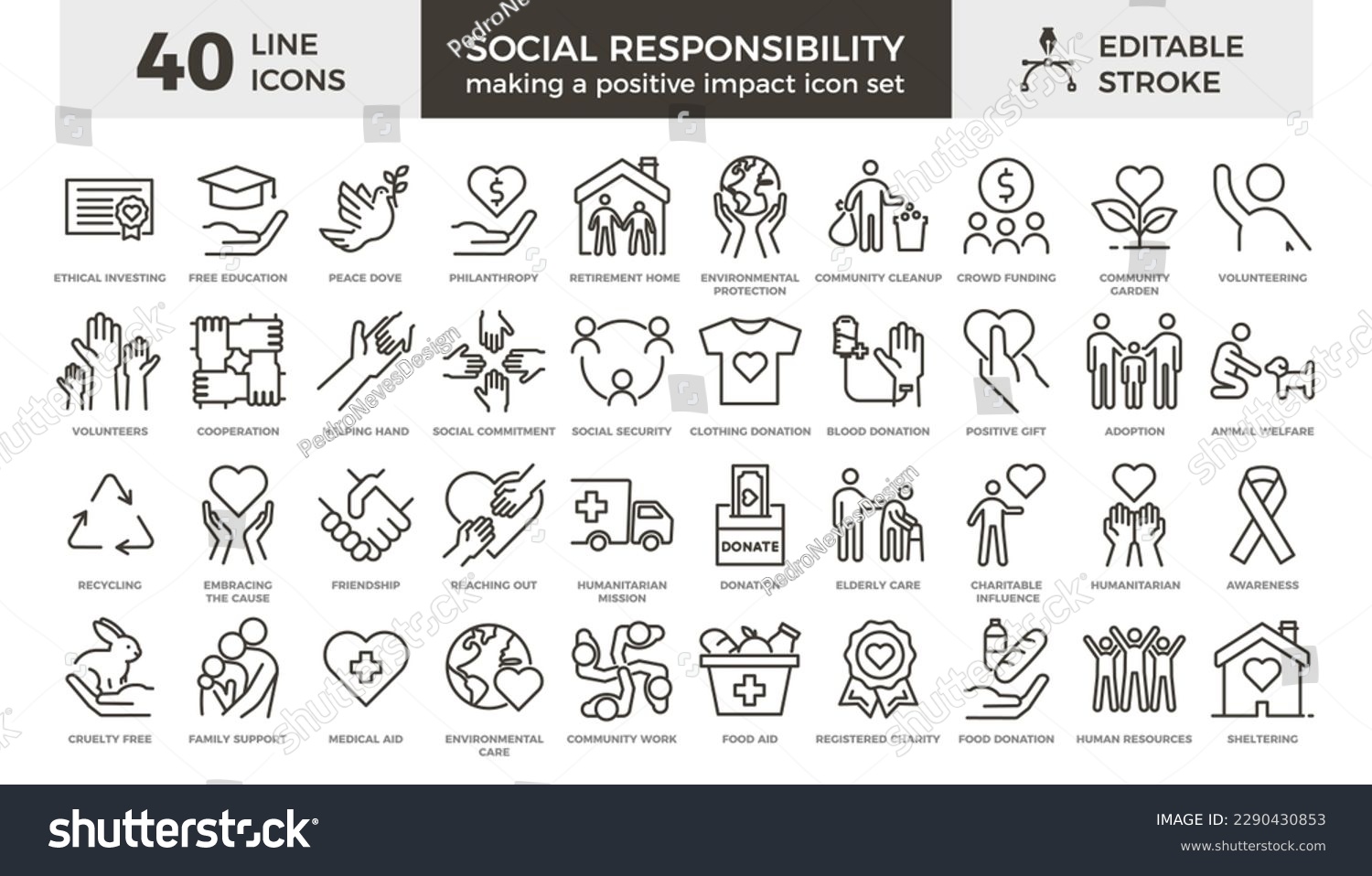 40 thin line vector icons with editable stroke related with social responsibility, volunteering and humanitarian causes #2290430853