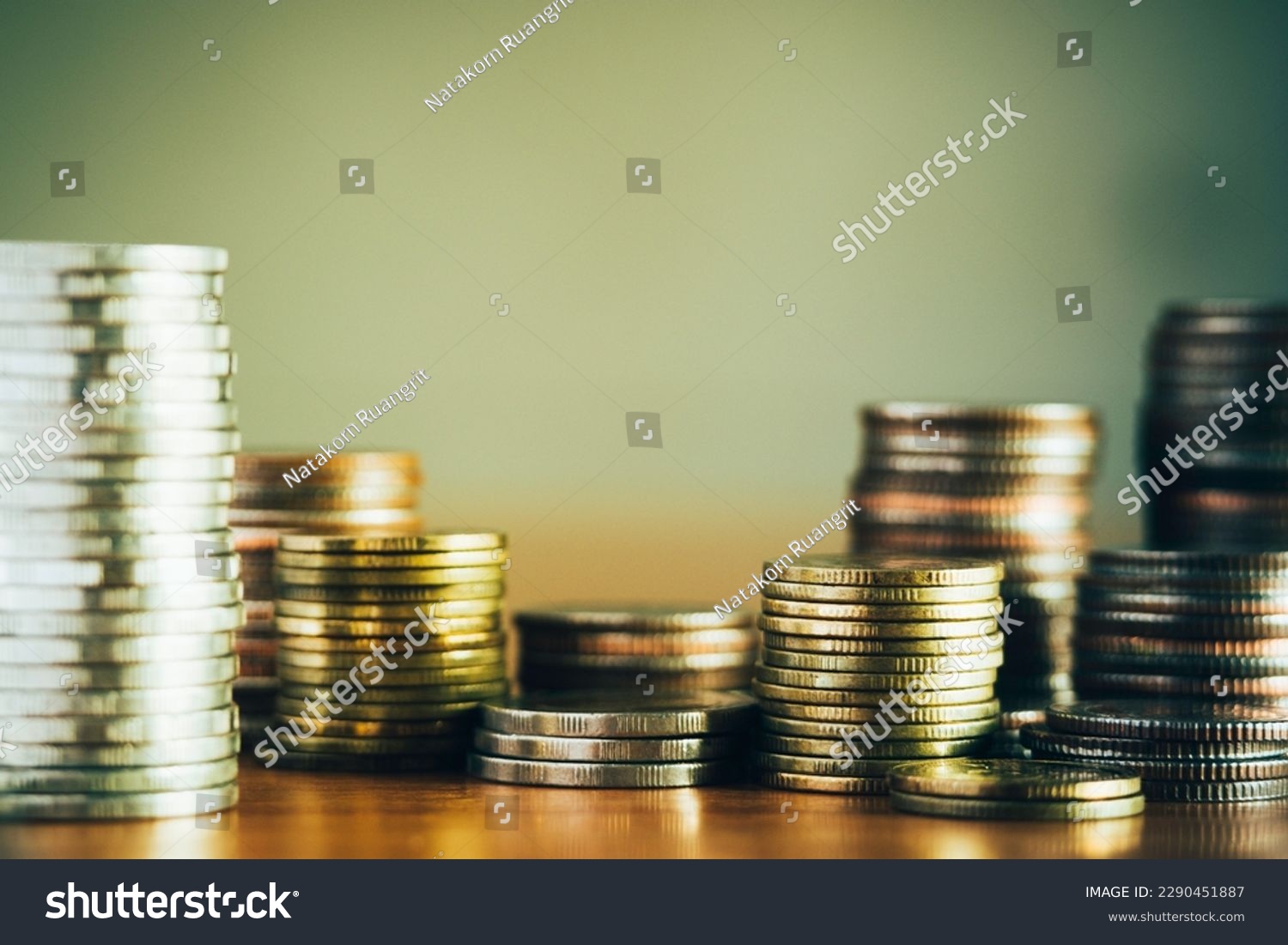 close-up of coins stack for a financial business background presentation, home loan, cash flow, money saving, stock and fund investing, money management, and retirement plan concept, selective focus #2290451887