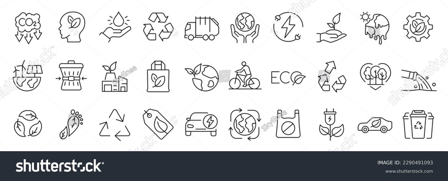 Set of 30 thin line icons related to sustainability, environmental, ecological, recyling, green, organic, industry. Linear ecology simple symbol collection.  vector illustration. Editable stroke #2290491093