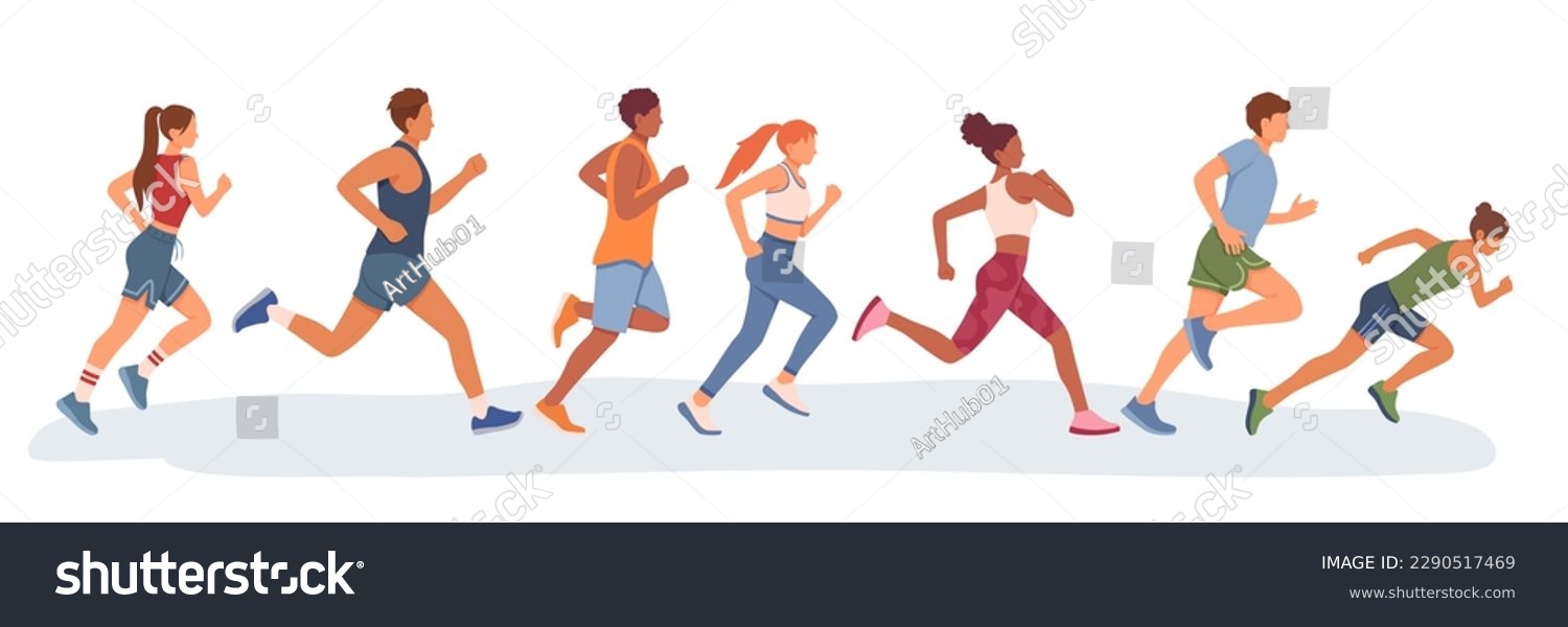 Set of different cartoon characters of young people running. Doing cardio exercises together. Active and healthy lifestyle. Time to lose weight. Vector #2290517469