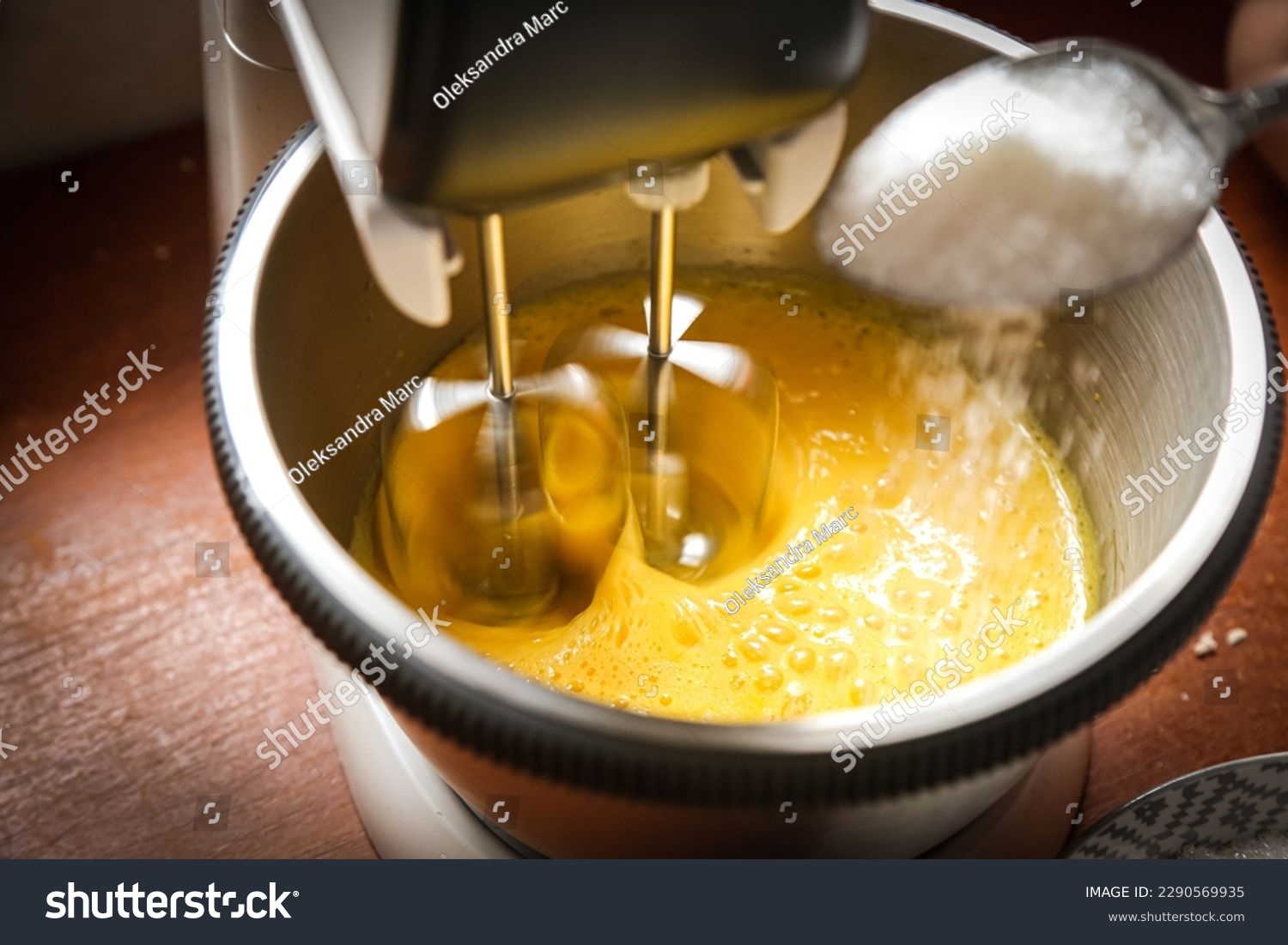 cooking process beat eggs and add sugar with an electric mixer, cooking baking cooking #2290569935