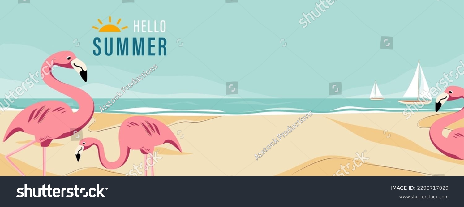 Summer Beach Vector Banner Background With Pink - Royalty Free Stock 