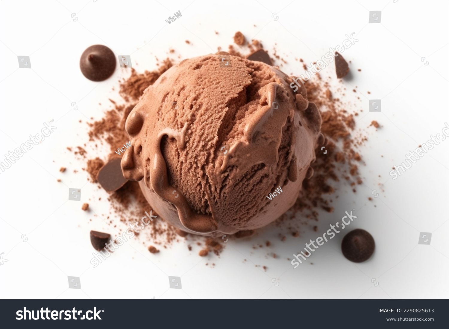 Ice cream scoop isolated on white background, top view image. Tasty chocolate desserts concept, closeup studio shot. Summer desserts, chocolate pralines. #2290825613