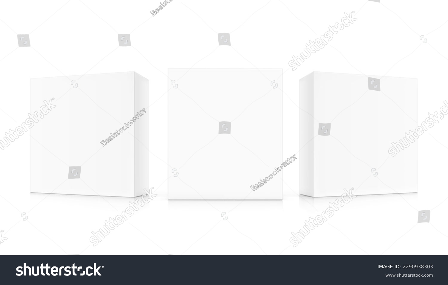 Realistic cardboard boxes mockup set. Front and half side views. Vector illustration isolated on white background. Can be use for food, cosmetic, software and etc. Ready for your design. EPS10.	 #2290938303