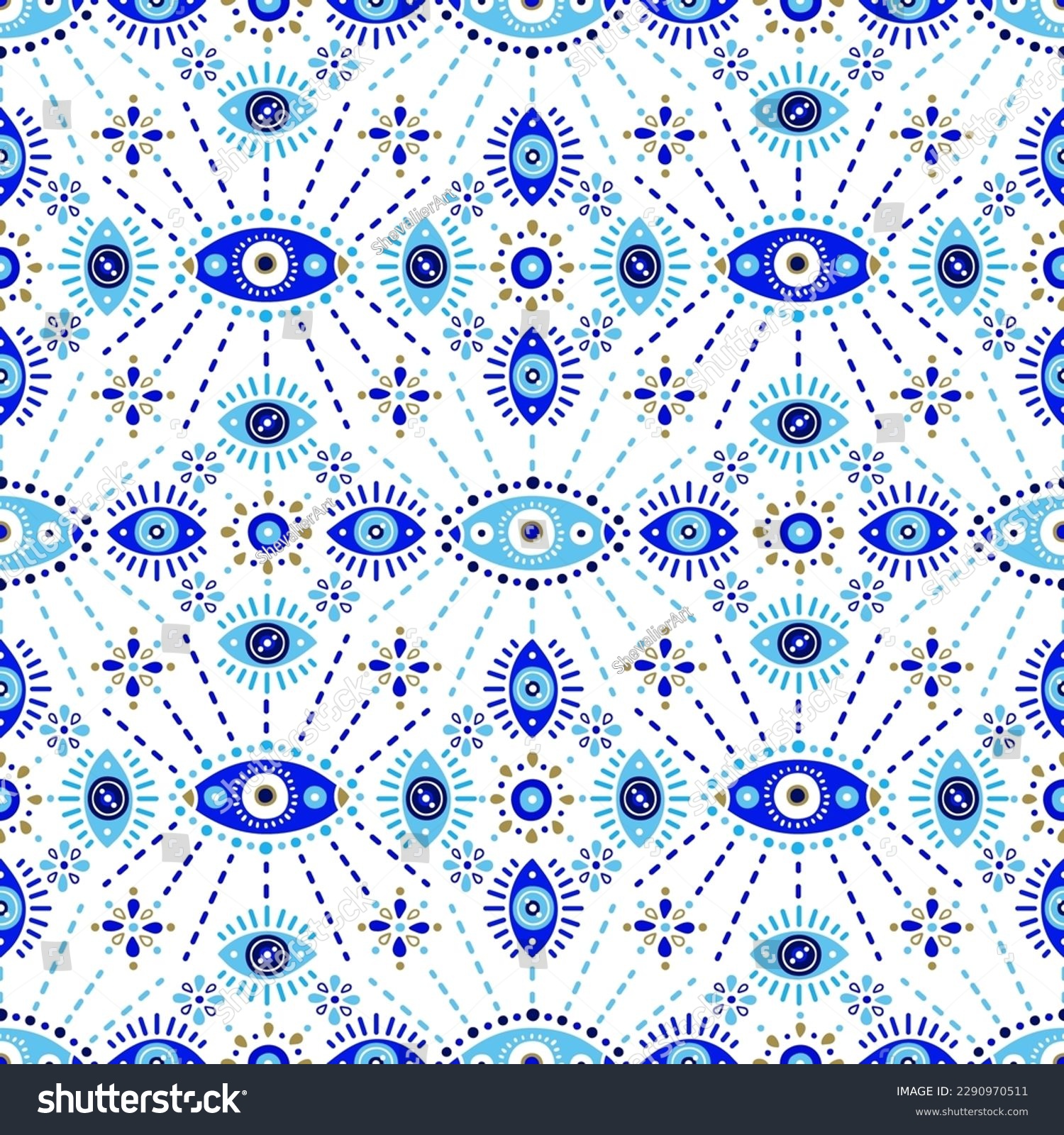 Background of Turkish evil eye symbols. Ethnic style blue greek protection from the spoilage signs with golden details. EPS 10 vector seamless pattern for wrapping paper, textile, package print. #2290970511
