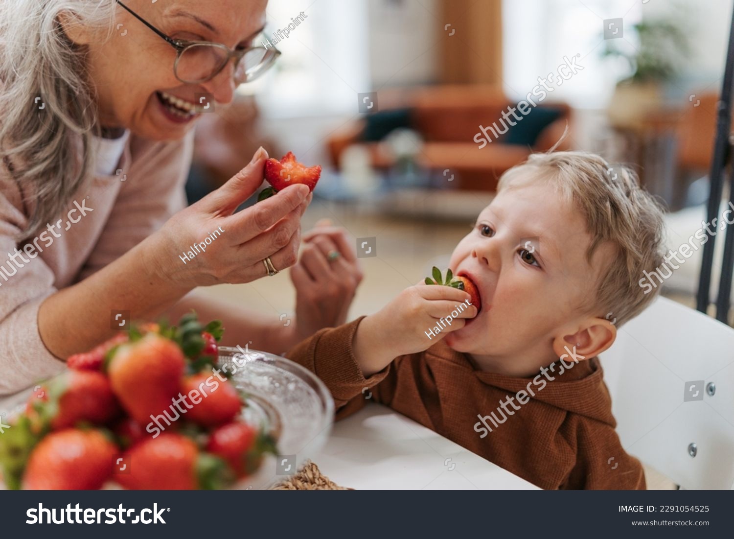 Grandmother giving homegrown strawberries to her little grandson. #2291054525