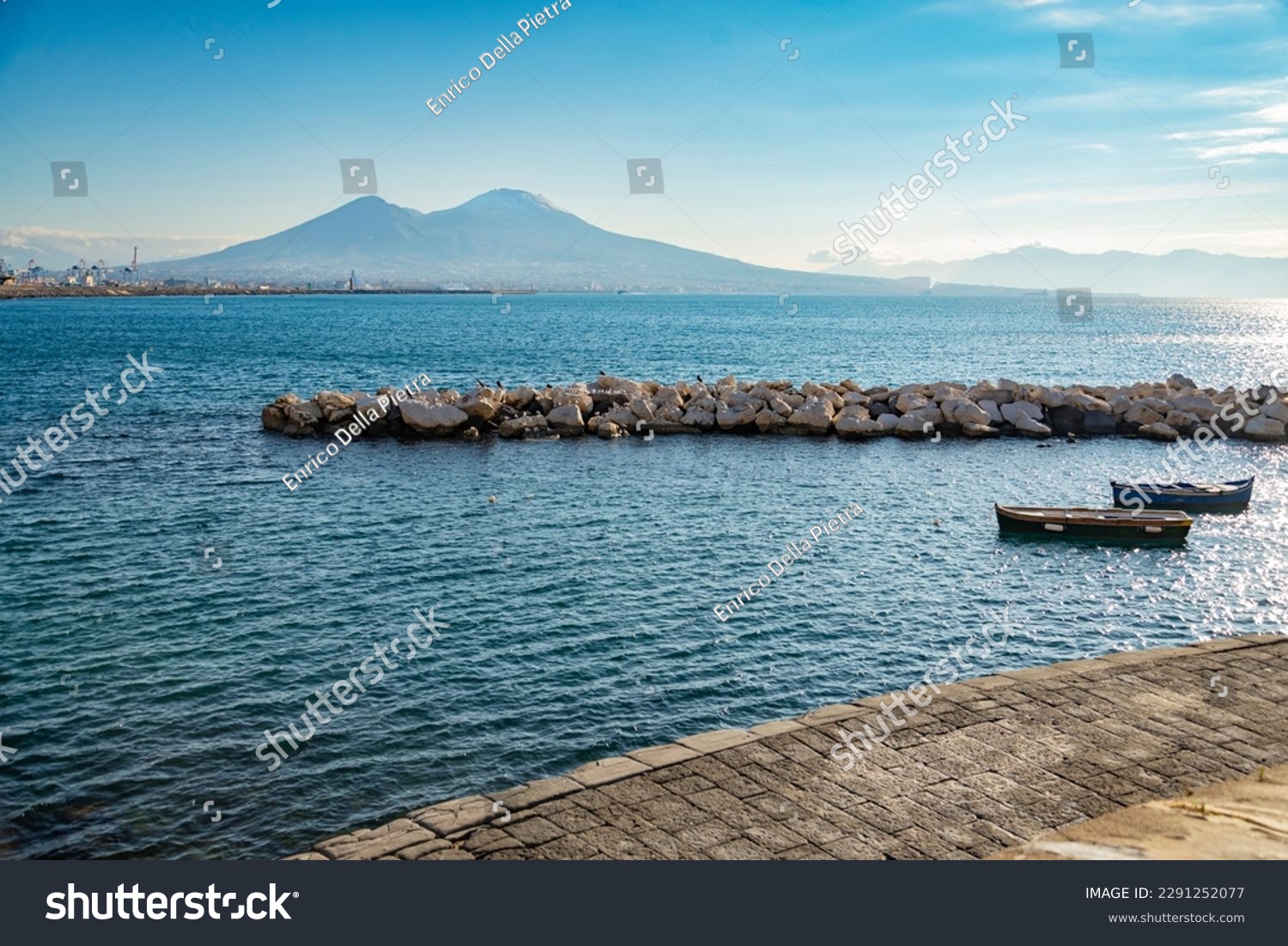 Vesuvius seen and fish boats from the seafront of Naples, Italy #2291252077
