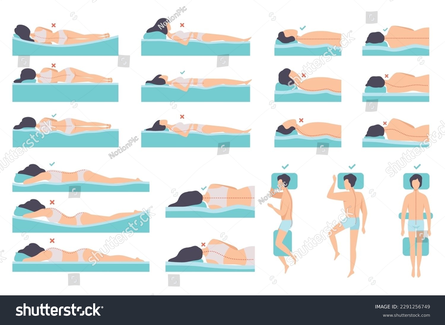 Correct and incorrect posture of spine during sleep set. Men and women sleeping in different poses cartoon vector #2291256749
