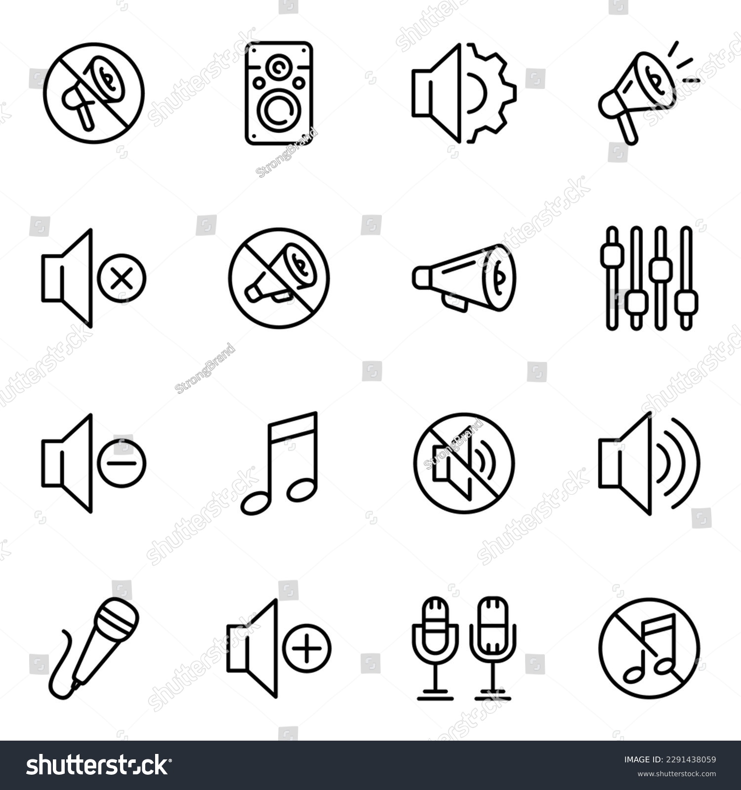 sound icons set. set of 16 sound line icons. microphone, sound, volume, icon set, speaker, singing, multimedia, voice, noise and song #2291438059