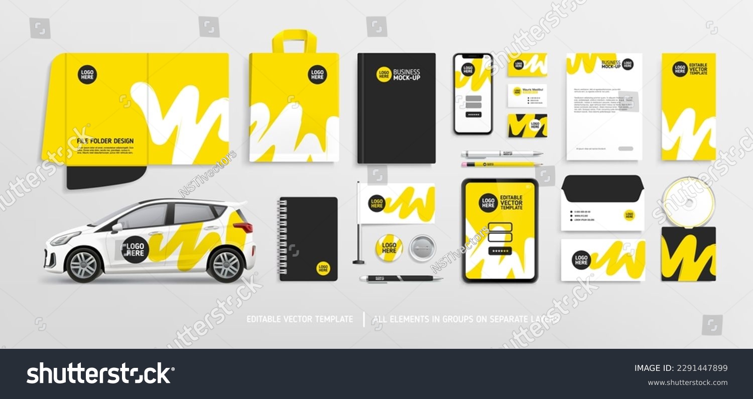 Stationery Mock-Up set with Brand Identity concept of Yellow abstract design. Branding stationery mockup template of File folder, flyer, banner, promotional van car, brochure. Editable vector #2291447899