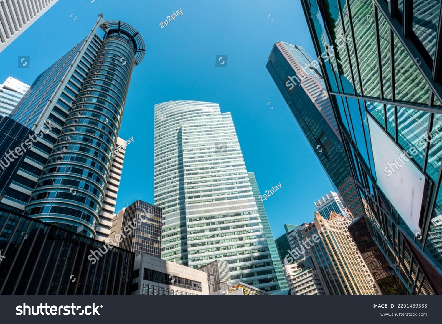 View low angle Singapore central business district, a modern financial building district area in Raffles Place, Singapore. #2291489333