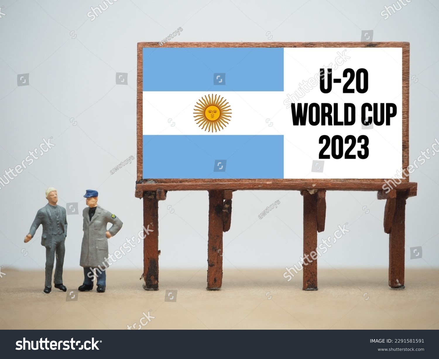 Mini toy at table with white background. U-20 FIFA World Cup 2023. #2291581591