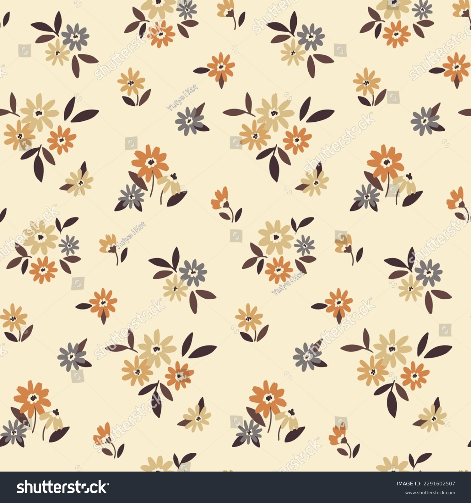 Seamless floral pattern, cute ditsy print with mini plants with vintage rustic motif. Delicate botanical design with small hand drawn flowers, tiny leaves on a light background. Vector illustration. #2291602507