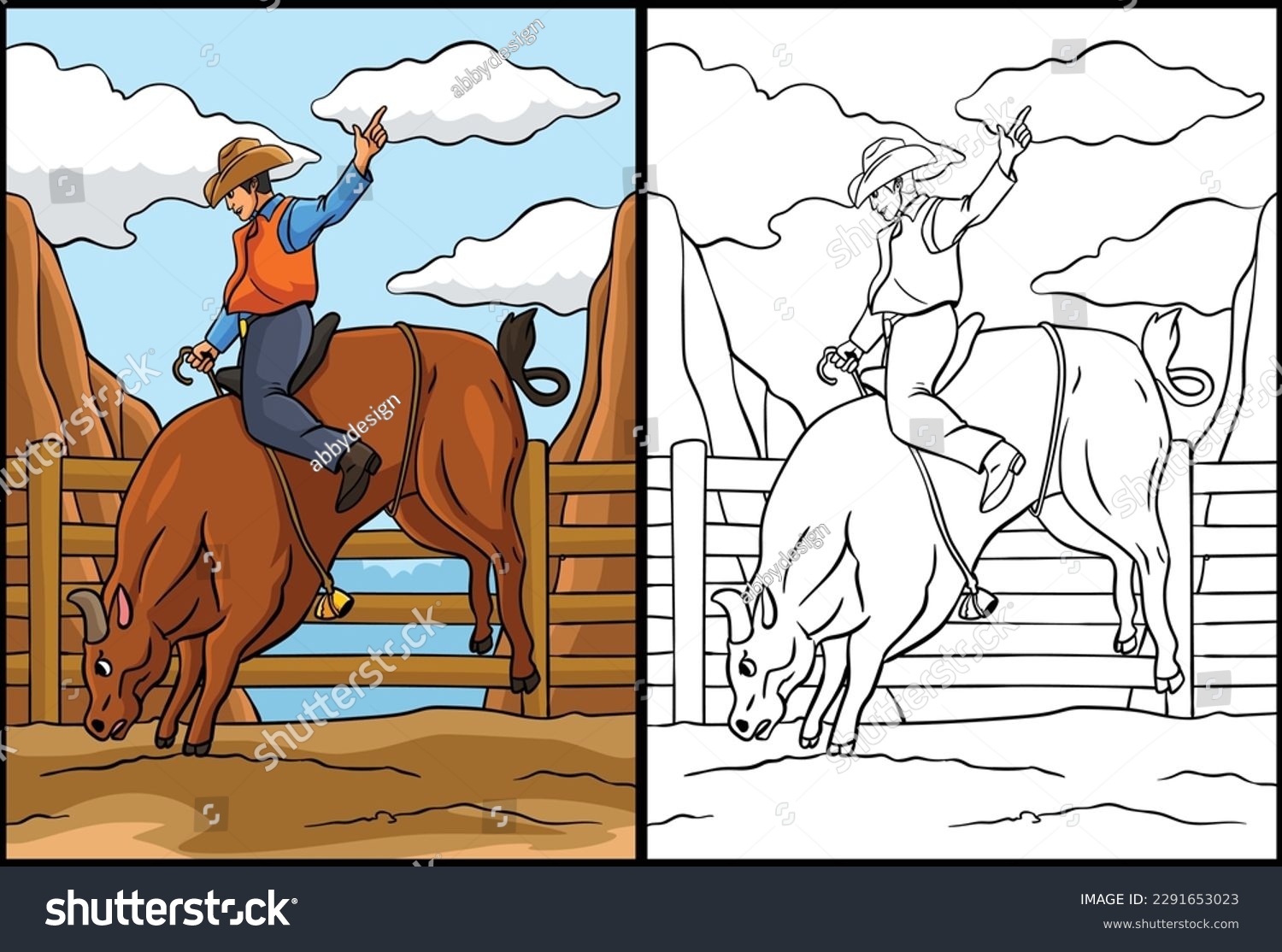 Bull Riding Coloring Page Colored Illustration - Royalty Free Stock ...