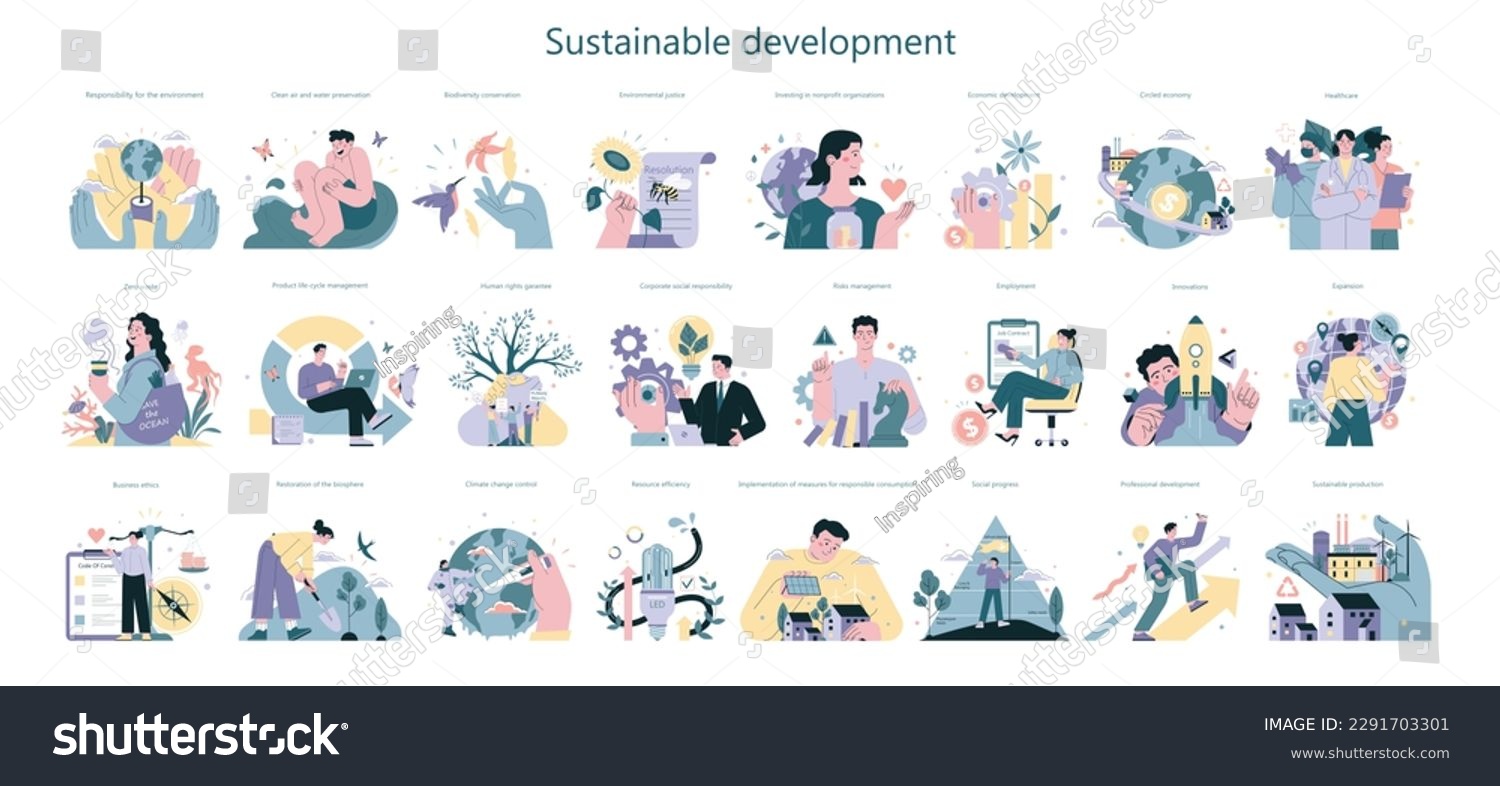 Sustainability concept set. Environmental protection and social responsibility. Climate and nature preservation. ESG and CSR, business and society footprint. Flat vector illustration #2291703301