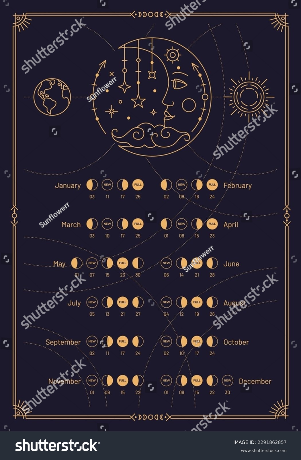 2024 Year Moon Calendar, Lunar Phases Schedule - Royalty Free Stock ...