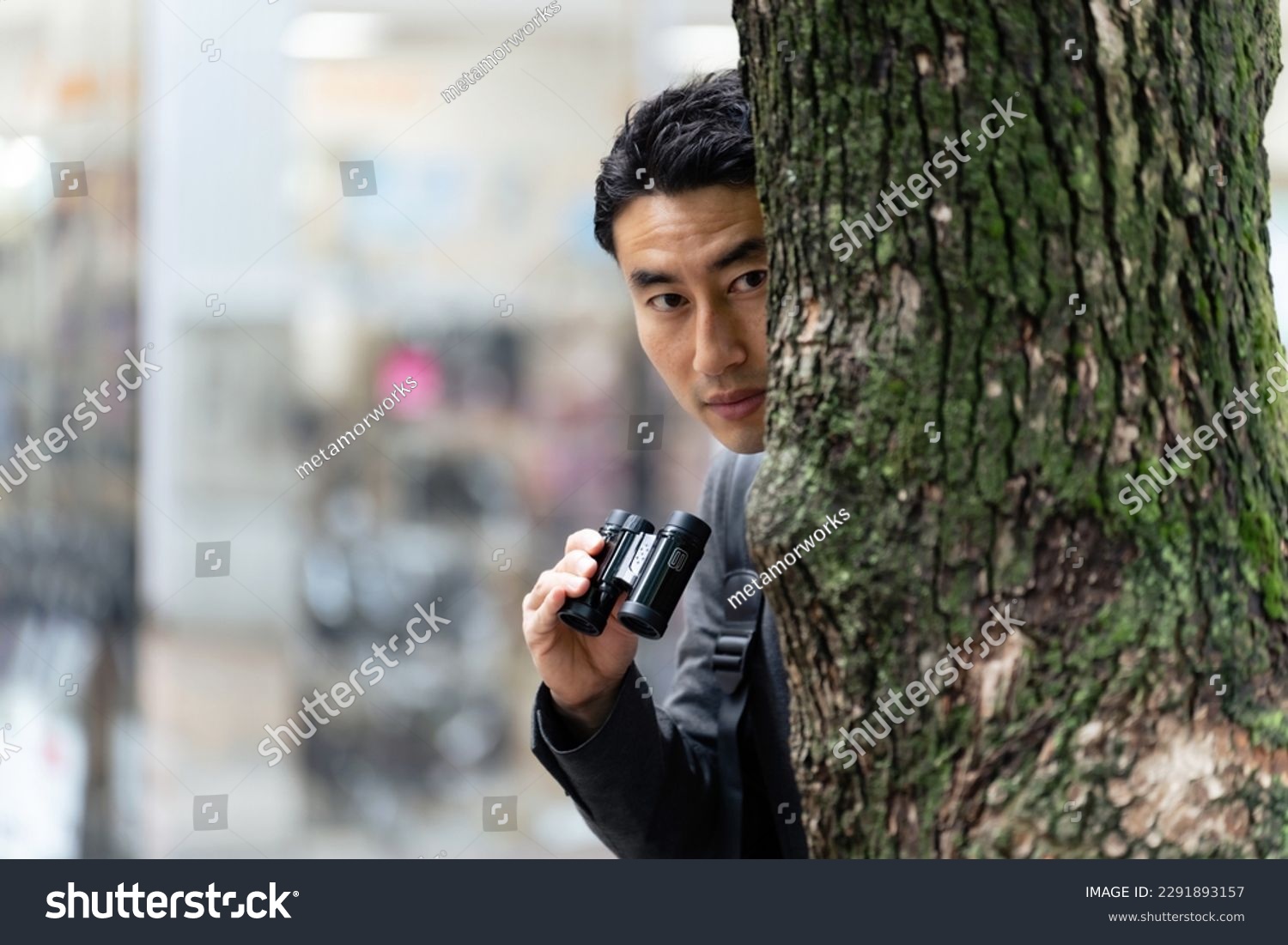 A man hiding in a tree and keeping a lookout with binoculars in the city. #2291893157