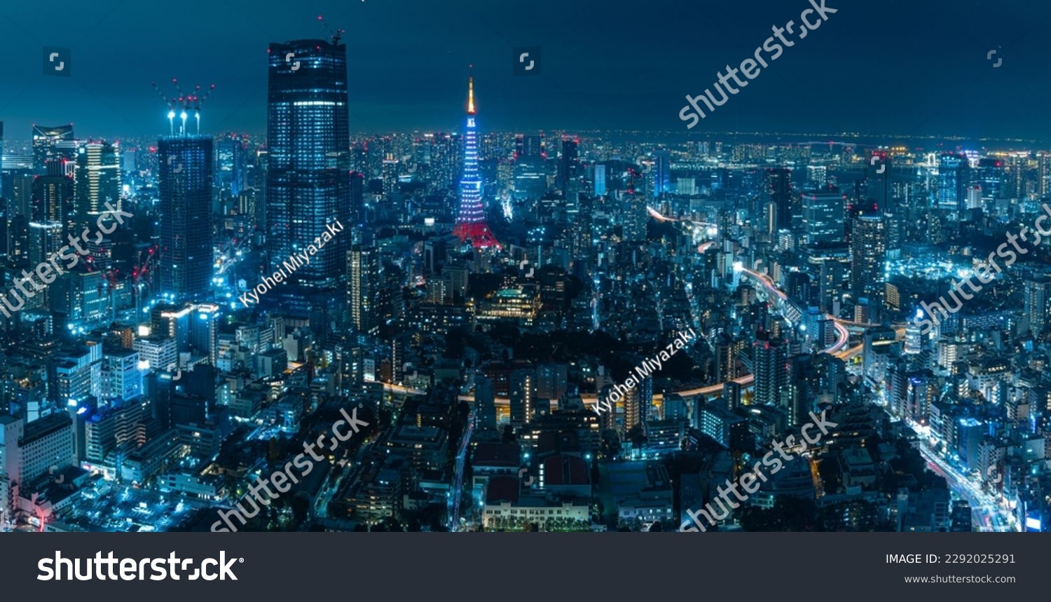 Beautiful architecture building cityscape and illuminated Tokyo Tower from the observation deck of Roppongi Hills at night in Tokyo, Japan #2292025291