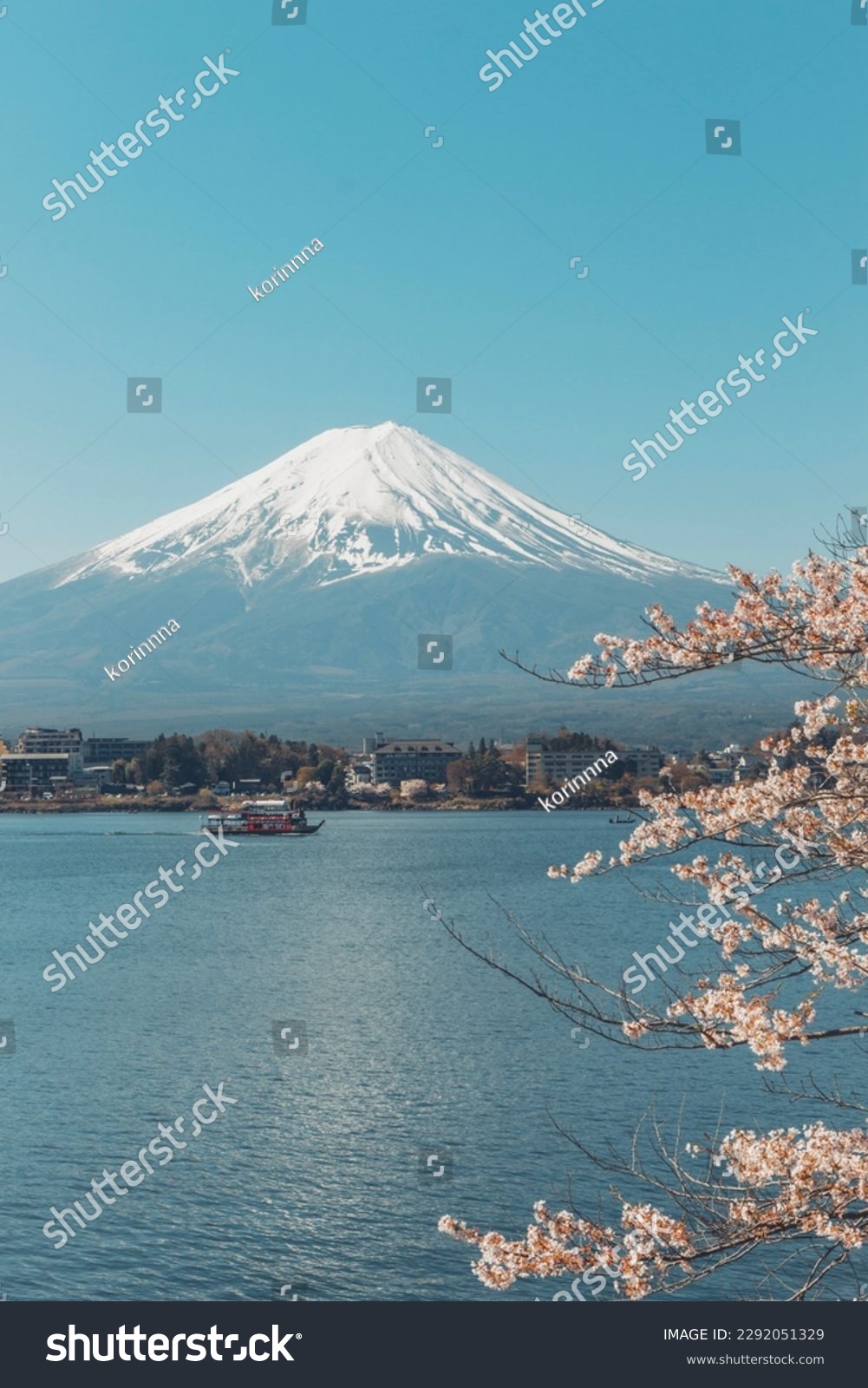 A representative spring landscape of Japan with cherry blossoms in full bloom and Mt. Fuji seen from Lake Kawaguchi in Yamanashi Prefecture. #2292051329